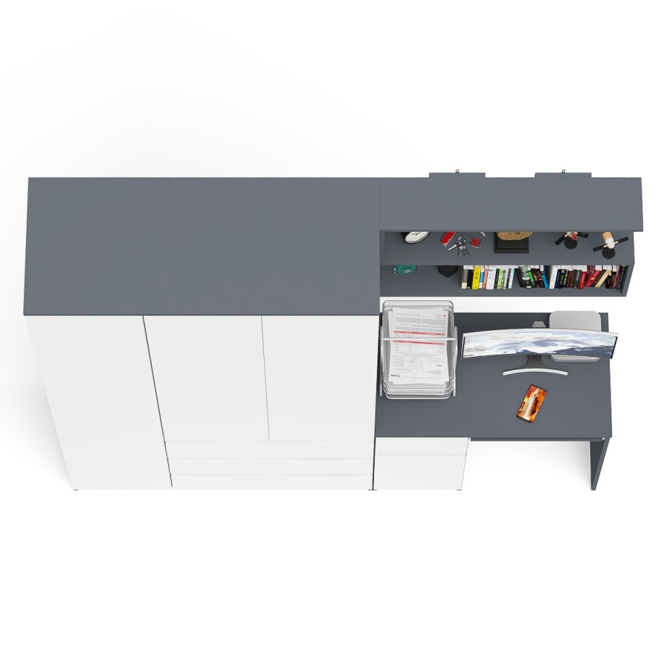 Мори Стол компьютерный МС-1 левый + Шкаф МШ1200.1 + Полка 900, цвет графит/белый, ШхГхВ 210,4х50,4х209,6 см., НЕ универсальная сборка