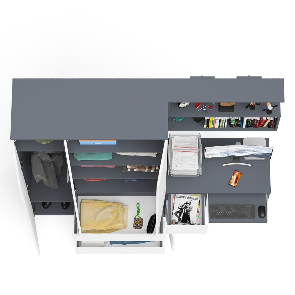 Мори Стол компьютерный МС-1 левый + Шкаф МШ1200.1 + Полка 900, цвет графит/белый, ШхГхВ 210,4х50,4х209,6 см., НЕ универсальная сборка