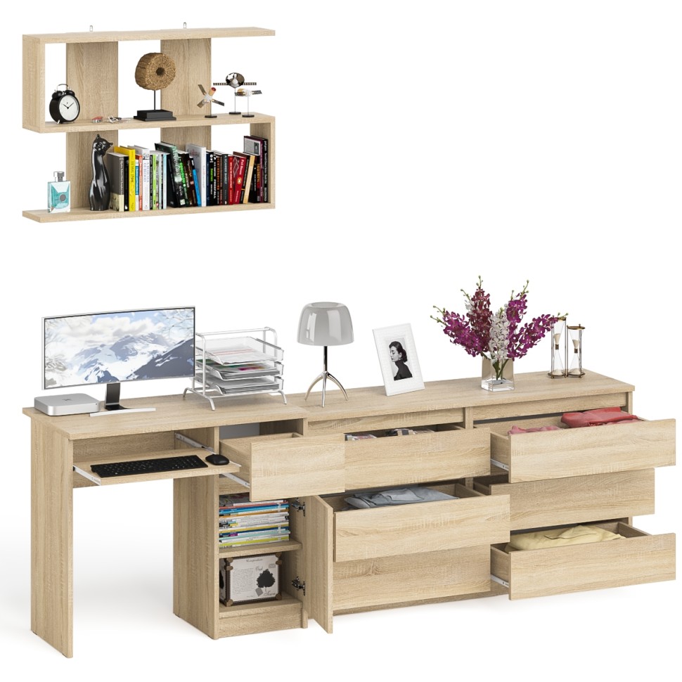 Мори Стол компьютерный МС-1 правый + Комод МК1380.6 + Полка 900, цвет дуб сонома, ШхГхВ 228х50х209,6 см., НЕ универсальная сборка