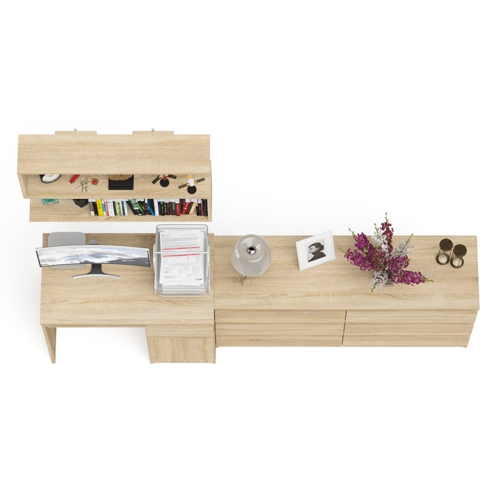 Мори Стол компьютерный МС-1 правый + Комод МК1380.6 + Полка 900, цвет дуб сонома, ШхГхВ 228х50х209,6 см., НЕ универсальная сборка