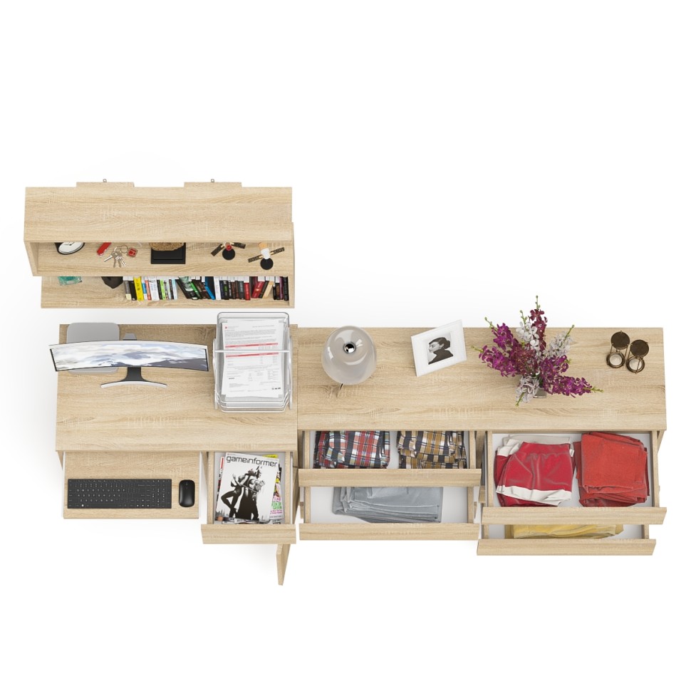 Мори Стол компьютерный МС-1 правый + Комод МК1380.6 + Полка 900, цвет дуб сонома, ШхГхВ 228х50х209,6 см., НЕ универсальная сборка