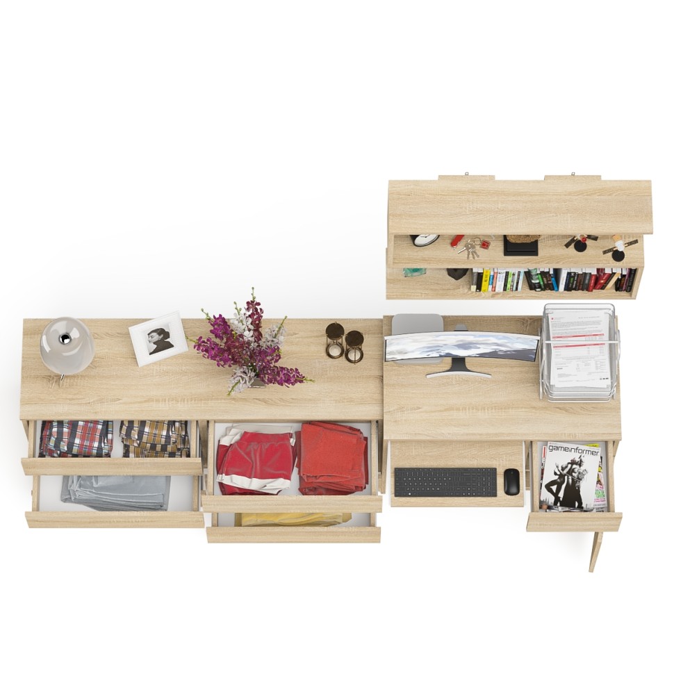 Мори Стол компьютерный МС-1 правый + Комод МК1380.6 + Полка 900, цвет дуб сонома, ШхГхВ 228х50х209,6 см., НЕ универсальная сборка