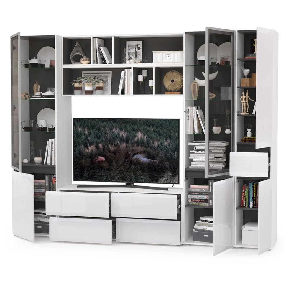 Сидней Комплектация № 032, цвет корпус: белый/чёрный/фасады: МДФ белый глянец, ШхГхВ 264,9х41,3х205,2 см., ниша для ТВ 129х41х90 см., универс. сборка