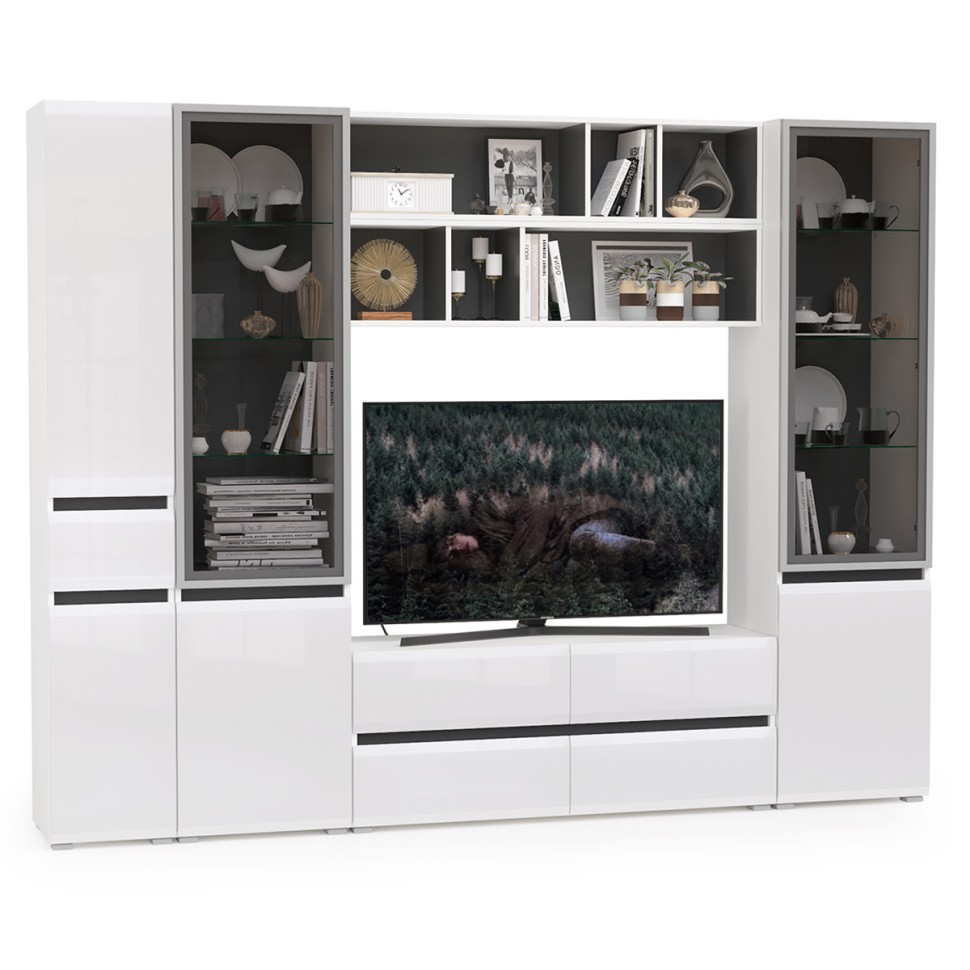 Сидней Комплектация № 032, цвет корпус: белый/чёрный/фасады: МДФ белый глянец, ШхГхВ 264,9х41,3х205,2 см., ниша для ТВ 129х41х90 см., универс. сборка