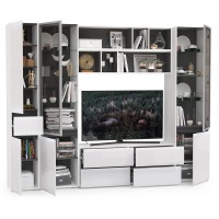 Сидней Комплектация № 032, цвет корпус: белый/чёрный/фасады: МДФ белый глянец, ШхГхВ 264,9х41,3х205,2 см., ниша для ТВ 129х41х90 см., универс. сборка