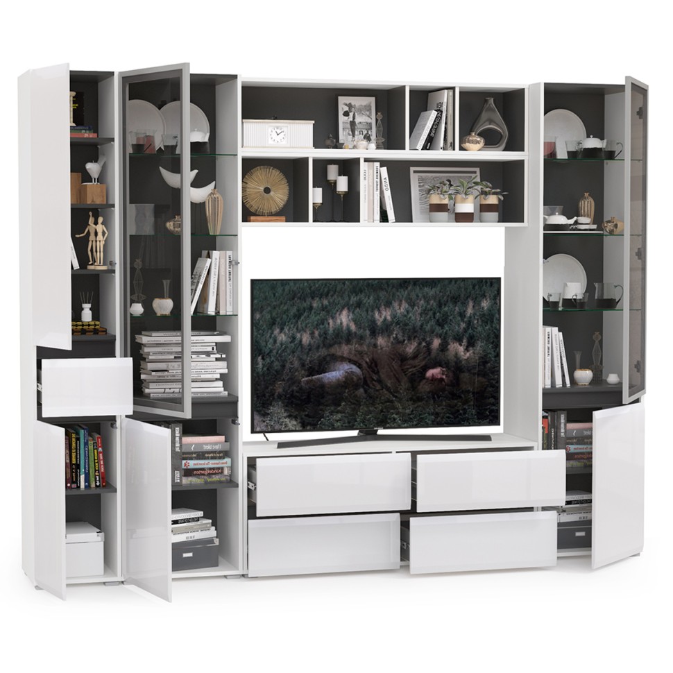 Сидней Комплектация № 032, цвет корпус: белый/чёрный/фасады: МДФ белый глянец, ШхГхВ 264,9х41,3х205,2 см., ниша для ТВ 129х41х90 см., универс. сборка