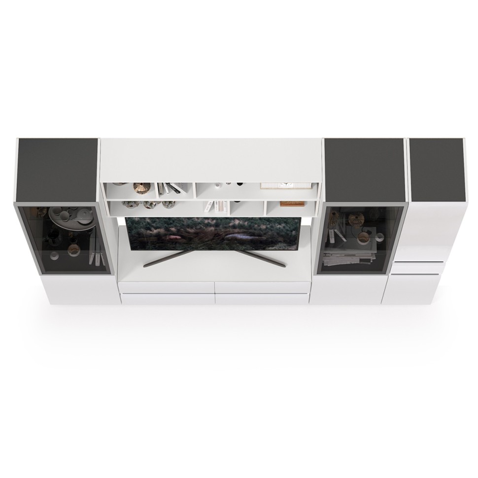 Сидней Комплектация № 032, цвет корпус: белый/чёрный/фасады: МДФ белый глянец, ШхГхВ 264,9х41,3х205,2 см., ниша для ТВ 129х41х90 см., универс. сборка