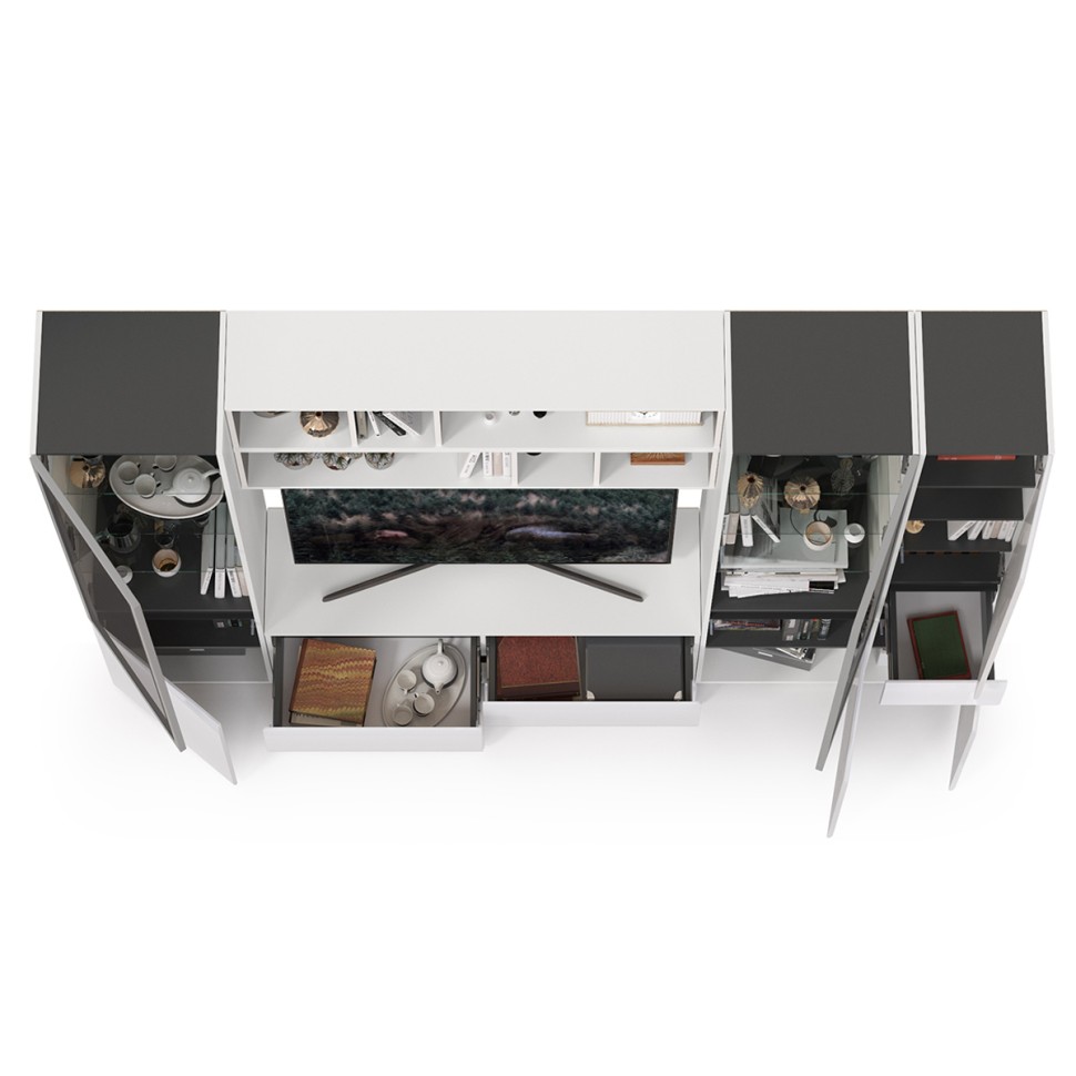 Сидней Комплектация № 032, цвет корпус: белый/чёрный/фасады: МДФ белый глянец, ШхГхВ 264,9х41,3х205,2 см., ниша для ТВ 129х41х90 см., универс. сборка