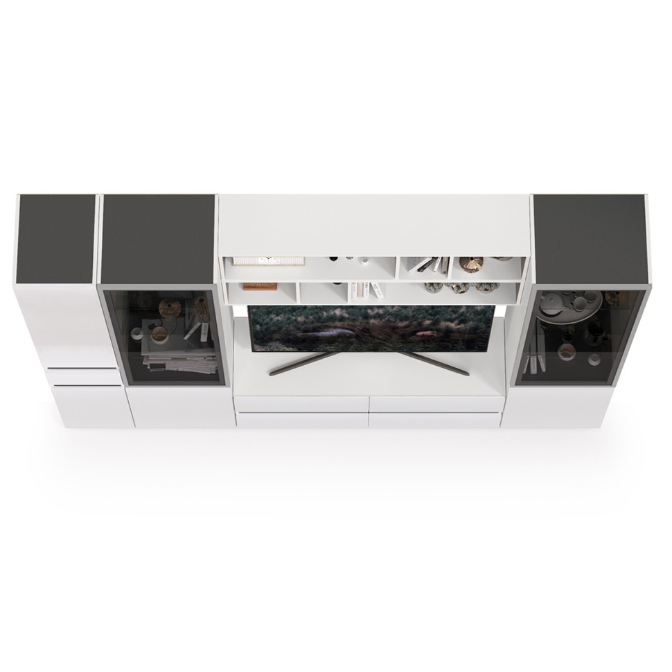 Сидней Комплектация № 032, цвет корпус: белый/чёрный/фасады: МДФ белый глянец, ШхГхВ 264,9х41,3х205,2 см., ниша для ТВ 129х41х90 см., универс. сборка