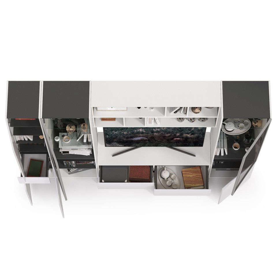 Сидней Комплектация № 032, цвет корпус: белый/чёрный/фасады: МДФ белый глянец, ШхГхВ 264,9х41,3х205,2 см., ниша для ТВ 129х41х90 см., универс. сборка