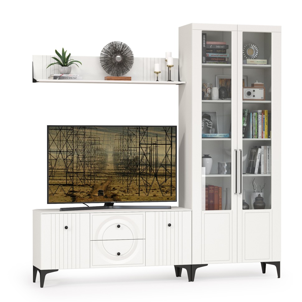 Валенсия Гостиная № 058, цвет ЛДСП белый шагрень/МДФ белый шагрень, ШхГхВ 217,2х38,3х225,2 см., универсальная сборка