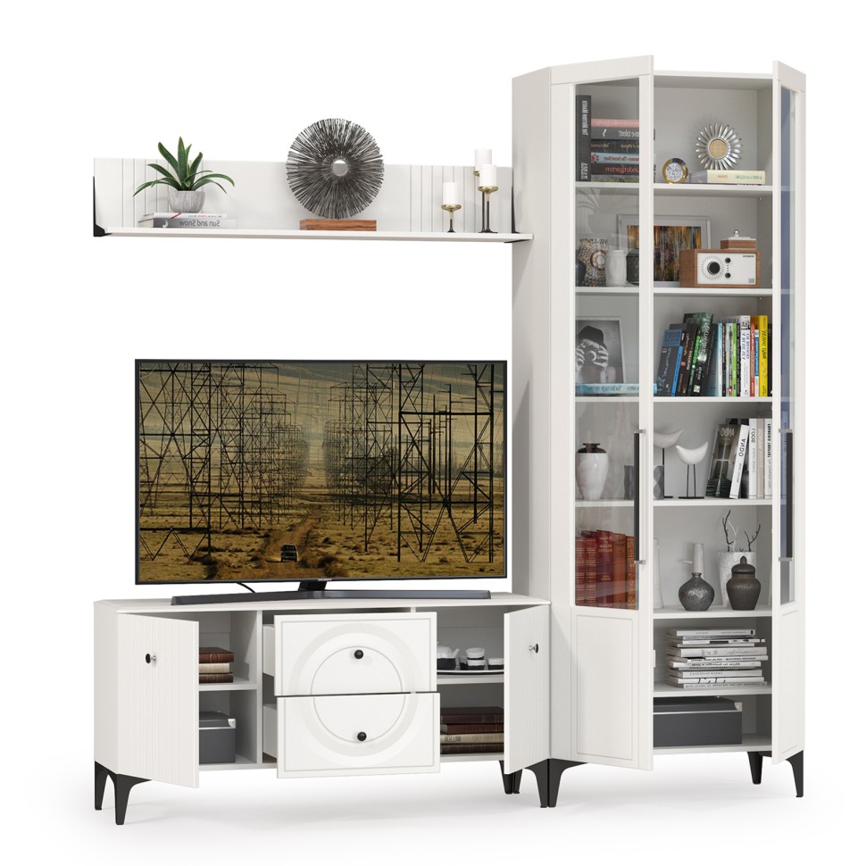 Валенсия Гостиная № 058, цвет ЛДСП белый шагрень/МДФ белый шагрень, ШхГхВ 217,2х38,3х225,2 см., универсальная сборка