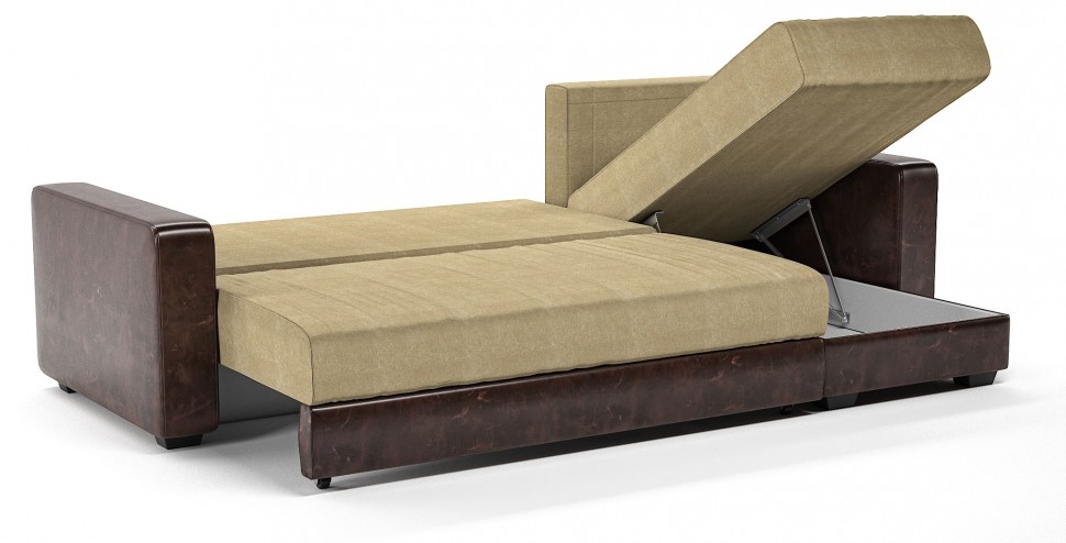 Диван угловой Монако еврокнижка бежевый велюр+коричневая экокожа