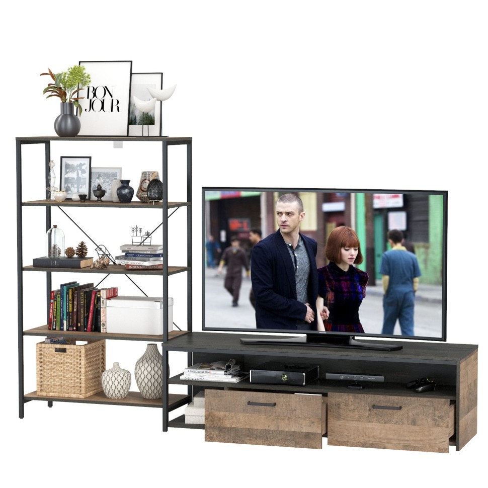 Трувор 13.70 Тумба под ТВ + 13.151.01 Стеллаж, цвет дуб гранж песочный/интра, ШхГхВ 232,6х45,4х146 см., универсальная сборка