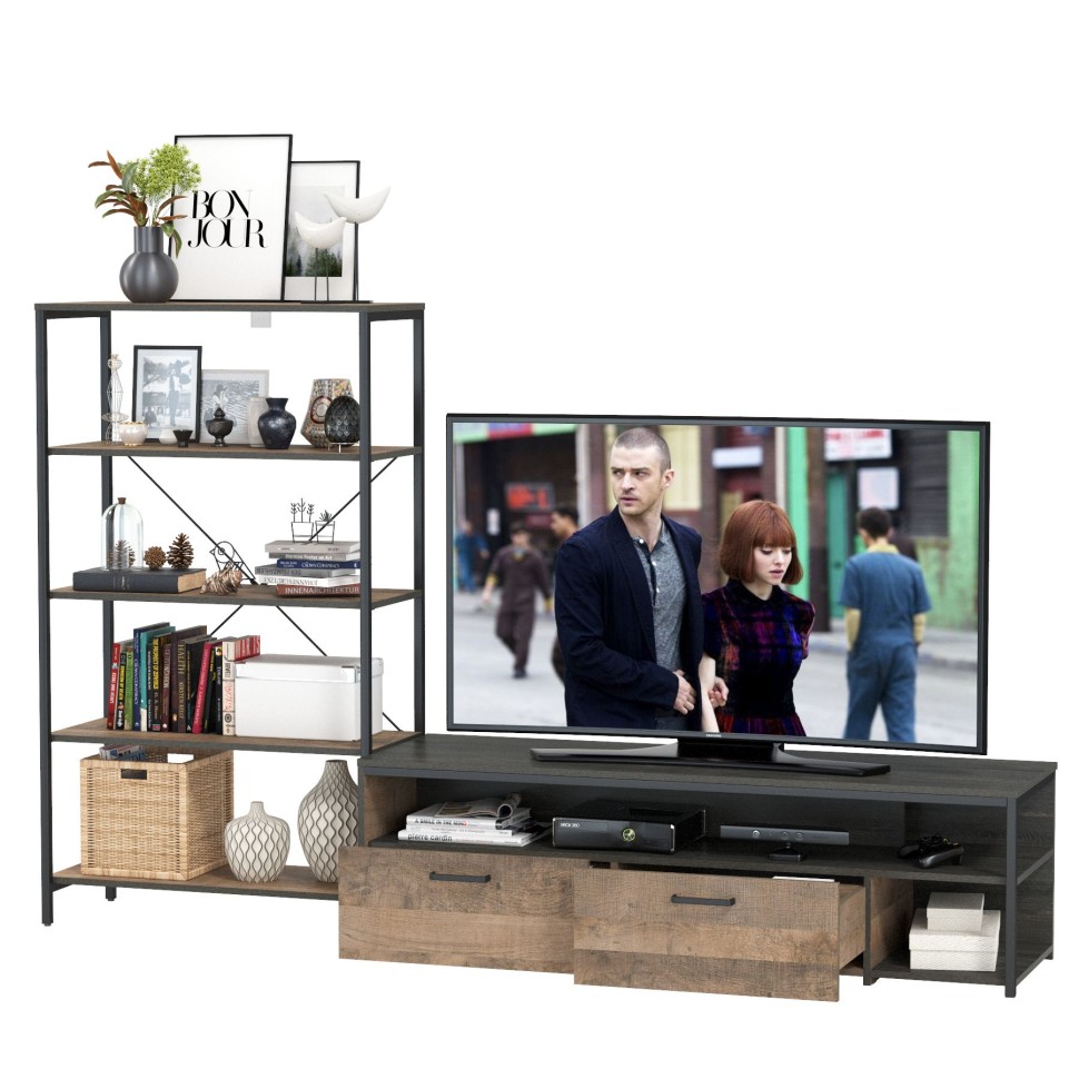 Трувор 13.70 Тумба под ТВ + 13.151.01 Стеллаж, цвет дуб гранж песочный/интра, ШхГхВ 232,6х45,4х146 см., универсальная сборка