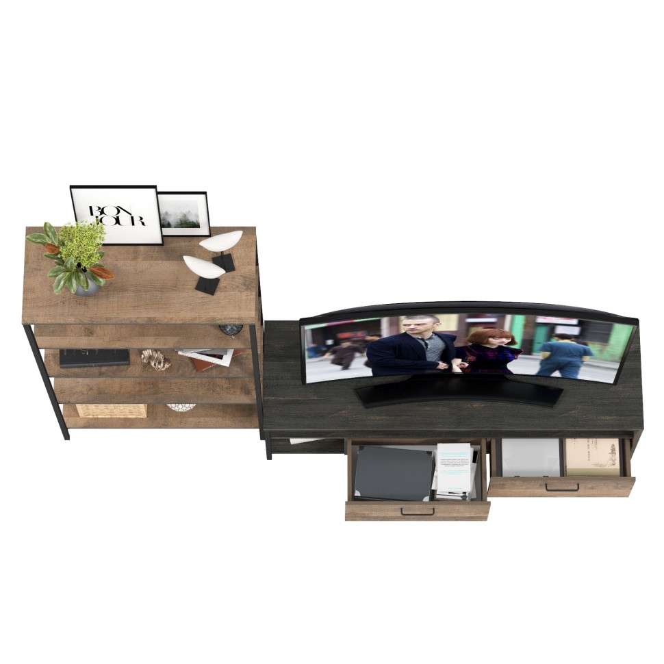 Трувор 13.70 Тумба под ТВ + 13.151.01 Стеллаж, цвет дуб гранж песочный/интра, ШхГхВ 232,6х45,4х146 см., универсальная сборка