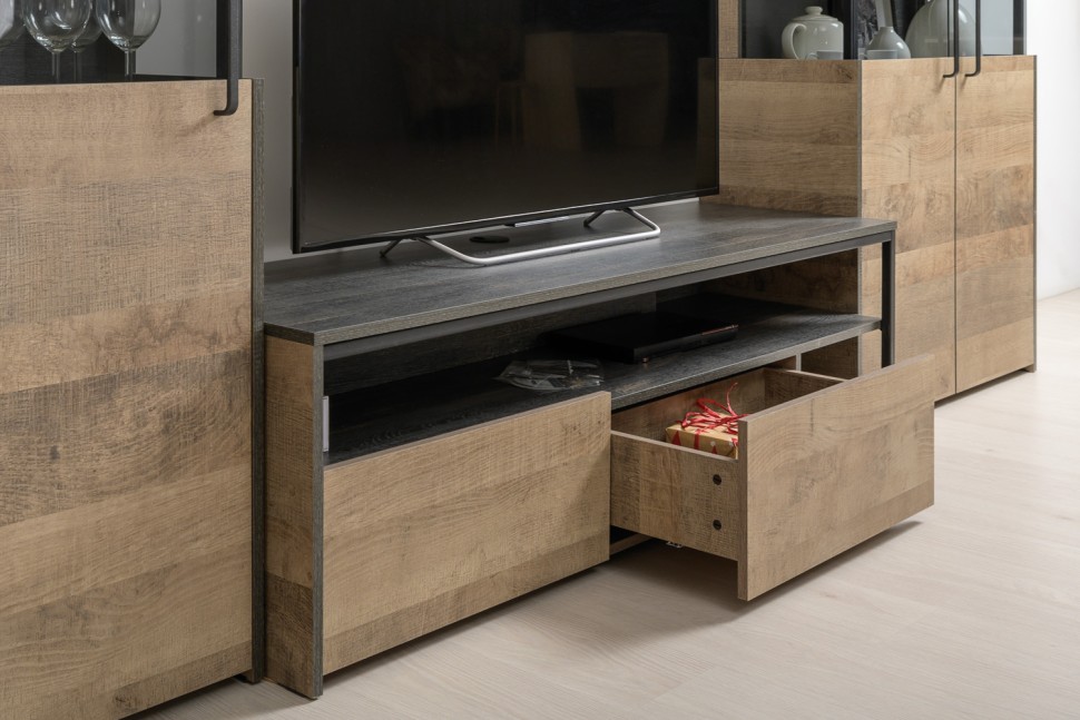 Трувор 13.70 Тумба под ТВ + 13.151.01 Стеллаж, цвет дуб гранж песочный/интра, ШхГхВ 232,6х45,4х146 см., универсальная сборка