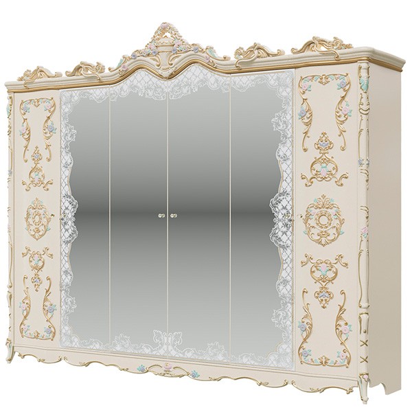 СНЯТО Людовик СЛ-02 Шкаф 6-ти дверный, цвет слоновая кость кракелюр, ручная роспись цветными патинами и золотом, ШхГхВ 291х63х248 см.