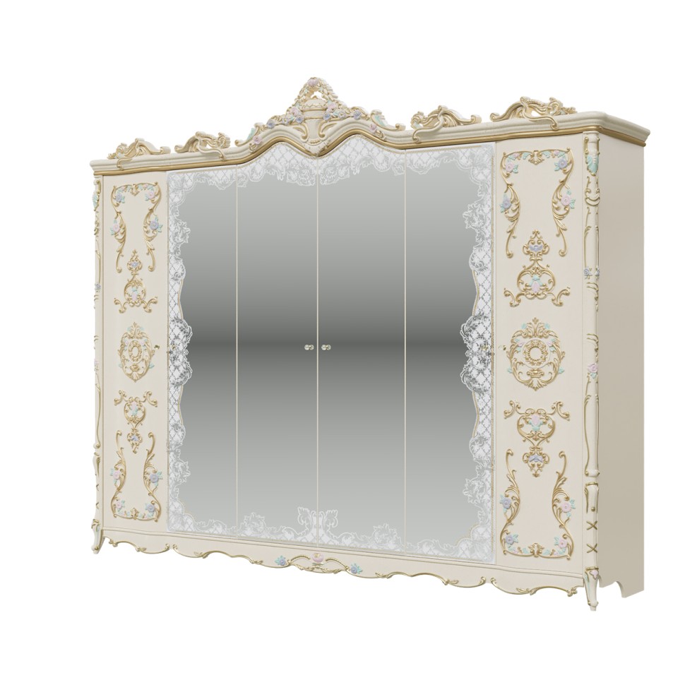 СНЯТО Людовик СЛ-02 Шкаф 6-ти дверный, цвет слоновая кость кракелюр, ручная роспись цветными патинами и золотом, ШхГхВ 291х63х248 см.