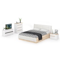 СНЯТО Муссон Кровать 11.28 + под. орт. + Тумба 16.03 + Комод 13.97 + Тумб ТВ 13.277, белый/чёрный/дуб эндгрейн элегантный/кожзам белый, 1600х2000, б/м