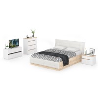 СНЯТО Муссон Кровать 11.28 + под. орт. + Тумба 16.03 + Комод 13.97 + Тумб ТВ 13.277, белый/чёрный/дуб эндгрейн элегантный/кожзам белый, 1600х2000, б/м