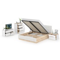 СНЯТО Муссон Кровать 11.28 + под. орт. + Тумба 16.03 + Комод 13.97 + Тумб ТВ 13.277, белый/чёрный/дуб эндгрейн элегантный/кожзам белый, 1600х2000, б/м