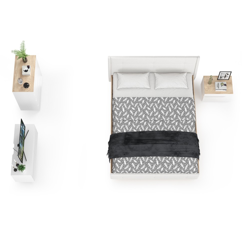 СНЯТО Муссон Кровать 11.28 + под. орт. + Тумба 16.03 + Комод 13.97 + Тумб ТВ 13.277, белый/чёрный/дуб эндгрейн элегантный/кожзам белый, 1600х2000, б/м