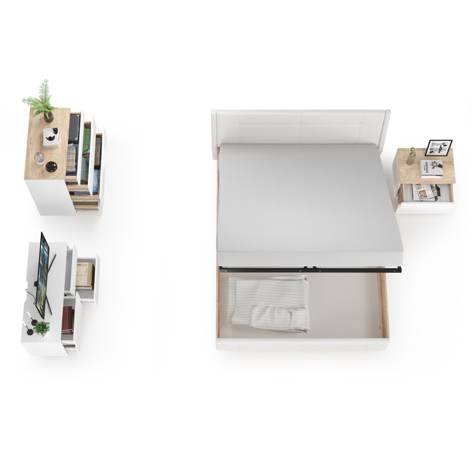 СНЯТО Муссон Кровать 11.28 + под. орт. + Тумба 16.03 + Комод 13.97 + Тумб ТВ 13.277, белый/чёрный/дуб эндгрейн элегантный/кожзам белый, 1600х2000, б/м