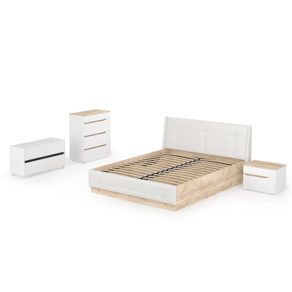 СНЯТО Муссон Кровать 11.28 + под. орт. + Тумба 16.03 + Комод 13.97 + Тумб ТВ 13.277, белый/чёрный/дуб эндгрейн элегантный/кожзам белый, 1600х2000, б/м