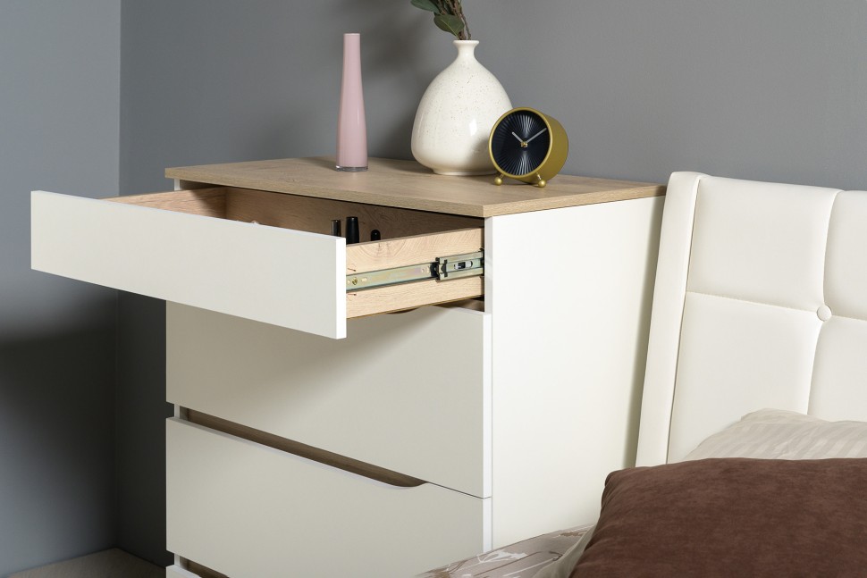 СНЯТО Муссон Кровать 11.28 + под. орт. + Тумба 16.03 + Комод 13.97 + Тумб ТВ 13.277, белый/чёрный/дуб эндгрейн элегантный/кожзам белый, 1600х2000, б/м