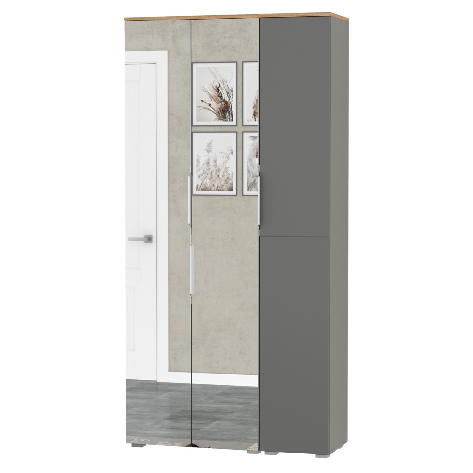 Октава 13.338 Шкаф для одежды + 13.228 Пенал, цвет серый графит/дуб крафт золотой/фасады МДФ серый графит и зеркало, ШхГхВ 96,4х35,3х197,6 см, ун. сб.