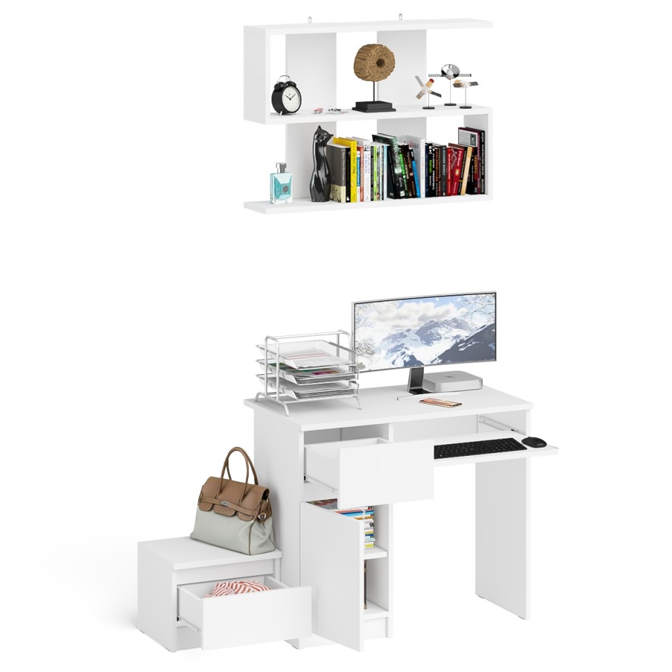 Мори Стол компьютерный МС-1 левый + Тумба ТМП400.1 + Полка 900, цвет белый, ШхГхВ 130,4х50х209,6 см., НЕ универсальная сборка