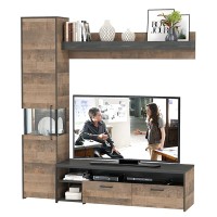 Трувор 13.70 Тумба под ТВ + 13.205 Шкаф-пенал с витриной + 15.60 Полка, цвет дуб гранж песочный/интра, ШхГхВ 194,6х45,4х210 см., универсальная сборка