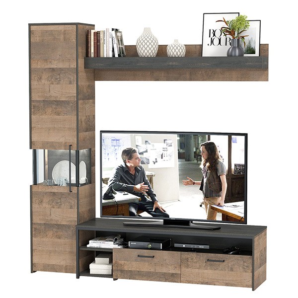 Трувор 13.70 Тумба под ТВ + 13.205 Шкаф-пенал с витриной + 15.60 Полка, цвет дуб гранж песочный/интра, ШхГхВ 194,6х45,4х210 см., универсальная сборка