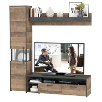 Трувор 13.70 Тумба под ТВ + 13.205 Шкаф-пенал с витриной + 15.60 Полка, цвет дуб гранж песочный/интра, ШхГхВ 194,6х45,4х210 см., универсальная сборка