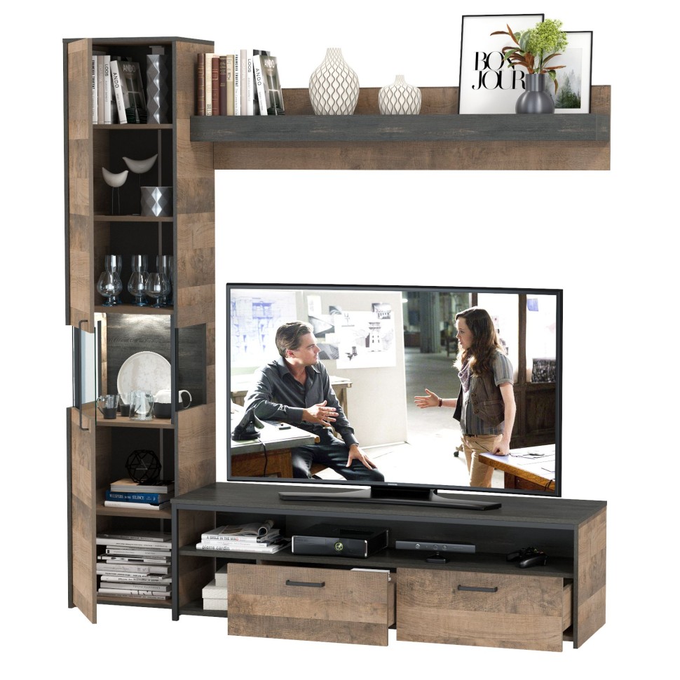 Трувор 13.70 Тумба под ТВ + 13.205 Шкаф-пенал с витриной + 15.60 Полка, цвет дуб гранж песочный/интра, ШхГхВ 194,6х45,4х210 см., универсальная сборка