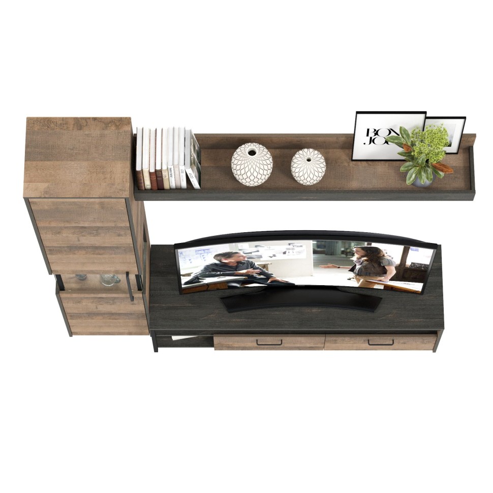 Трувор 13.70 Тумба под ТВ + 13.205 Шкаф-пенал с витриной + 15.60 Полка, цвет дуб гранж песочный/интра, ШхГхВ 194,6х45,4х210 см., универсальная сборка