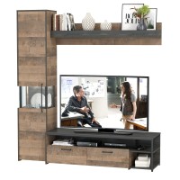 Трувор 13.70 Тумба под ТВ + 13.205 Шкаф-пенал с витриной + 15.60 Полка, цвет дуб гранж песочный/интра, ШхГхВ 194,6х45,4х210 см., универсальная сборка