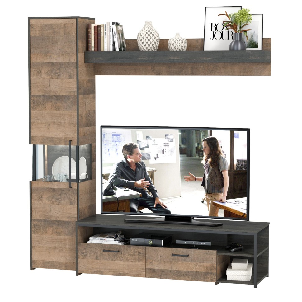 Трувор 13.70 Тумба под ТВ + 13.205 Шкаф-пенал с витриной + 15.60 Полка, цвет дуб гранж песочный/интра, ШхГхВ 194,6х45,4х210 см., универсальная сборка