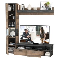 Трувор 13.70 Тумба под ТВ + 13.205 Шкаф-пенал с витриной + 15.60 Полка, цвет дуб гранж песочный/интра, ШхГхВ 194,6х45,4х210 см., универсальная сборка