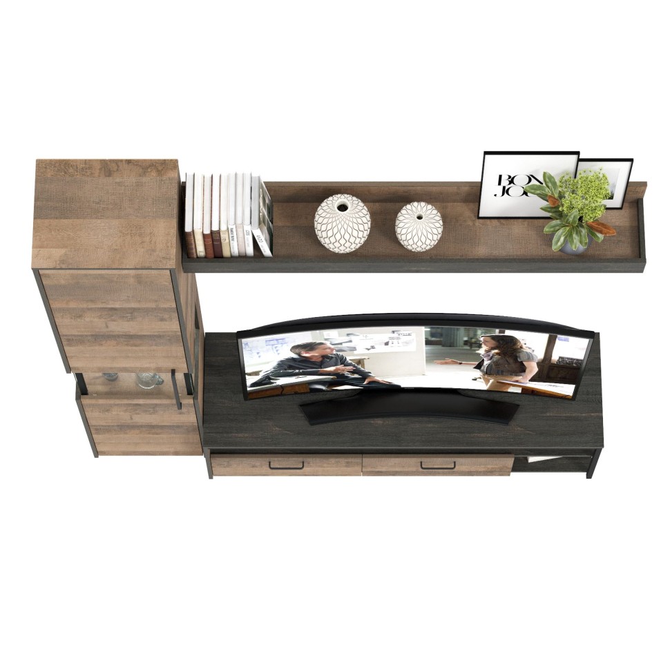 Трувор 13.70 Тумба под ТВ + 13.205 Шкаф-пенал с витриной + 15.60 Полка, цвет дуб гранж песочный/интра, ШхГхВ 194,6х45,4х210 см., универсальная сборка