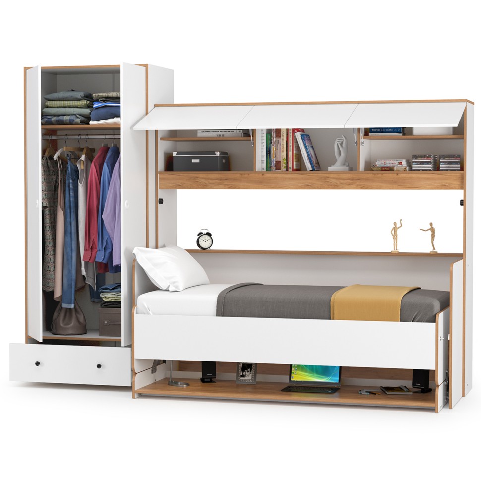 СНЯТО НСН Вуди Компоновка № 42, цвет белый премиум/дуб крафт золотой, сп. м. 800х1800 мм., б/м, основание есть, матрас высотой до 160 мм.