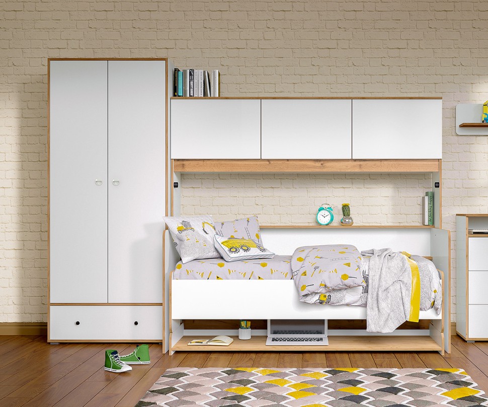 СНЯТО НСН Вуди Компоновка № 42, цвет белый премиум/дуб крафт золотой, сп. м. 800х1800 мм., б/м, основание есть, матрас высотой до 160 мм.