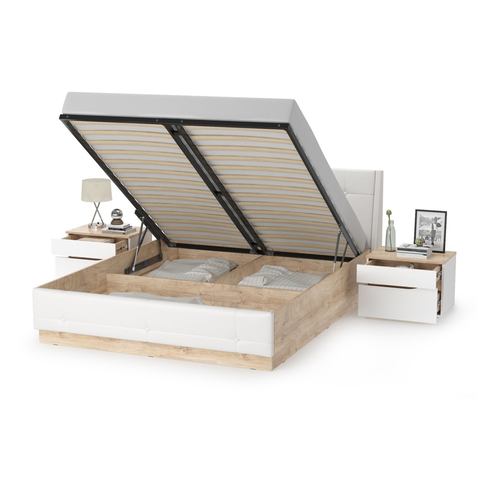 Муссон Кровать 11.28 + подъёмный ортопед + 2 х Тумба 16.03, цвет белый/дуб эндгрейн элегантный/кожзам белый/, сп. м. 1600х2000 мм., б/м