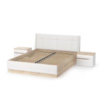 Муссон Кровать 11.28 + подъёмный ортопед + 2 х Тумба 16.03, цвет белый/дуб эндгрейн элегантный/кожзам белый/, сп. м. 1600х2000 мм., б/м
