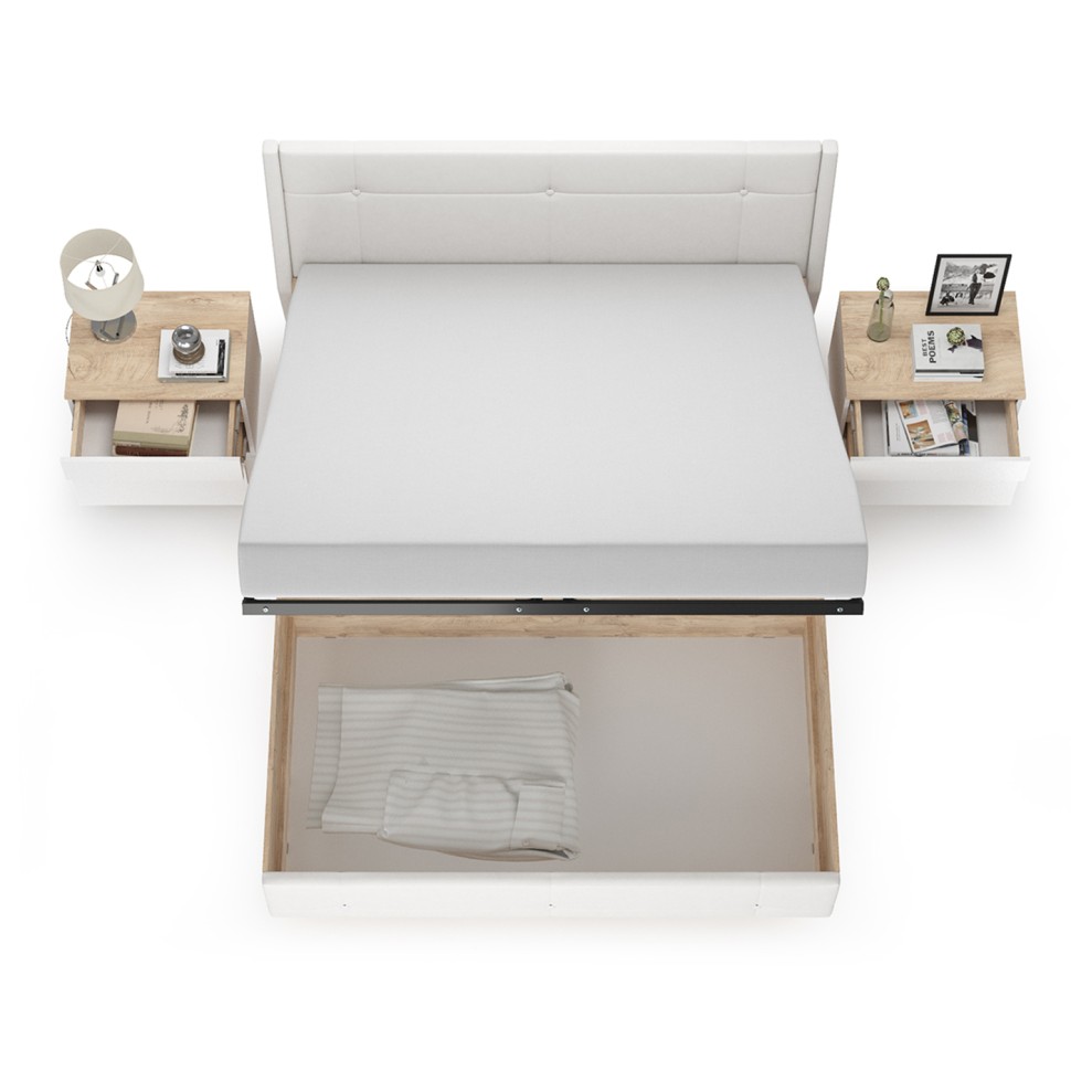 Муссон Кровать 11.28 + подъёмный ортопед + 2 х Тумба 16.03, цвет белый/дуб эндгрейн элегантный/кожзам белый/, сп. м. 1600х2000 мм., б/м