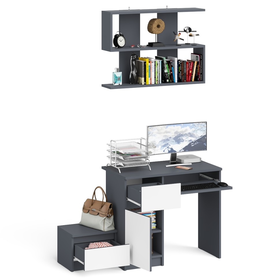 Мори Стол компьютерный МС-1 левый + Тумба ТМП400.1 + Полка 900, цвет графит/белый, ШхГхВ 130,4х50х209,6 см., НЕ универсальная сборка