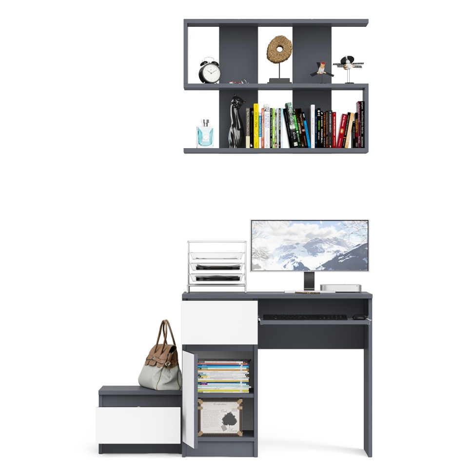 Мори Стол компьютерный МС-1 левый + Тумба ТМП400.1 + Полка 900, цвет графит/белый, ШхГхВ 130,4х50х209,6 см., НЕ универсальная сборка