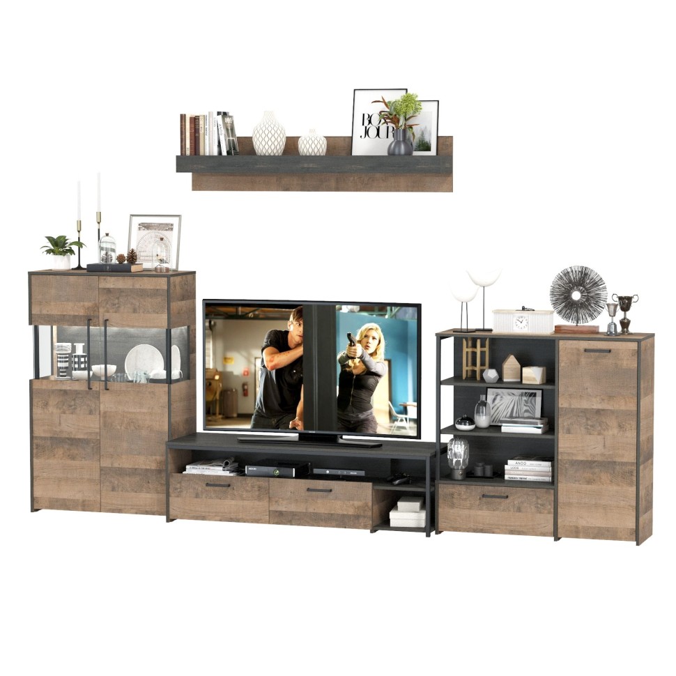 Трувор Гостиная 053, цвет дуб гранж песочный/интра, ШхГхВ 344,6х45,4х195 см., универсальная сборка