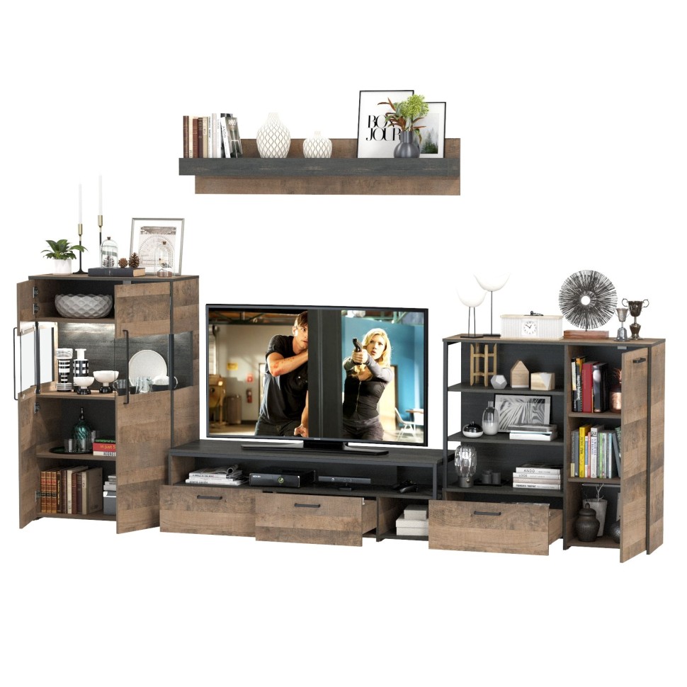 Трувор Гостиная 053, цвет дуб гранж песочный/интра, ШхГхВ 344,6х45,4х195 см., универсальная сборка